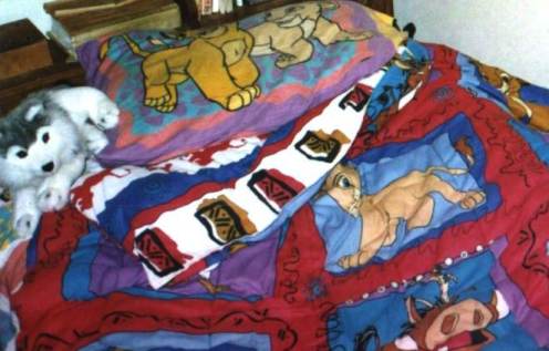 brightly colored Lion King bed sheets, with a wolf stuffy by the pillow.