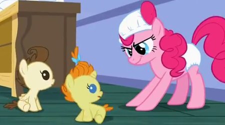 pinkie pie, wearing diapers on her head and bottom, after failed attempt to change the twins.