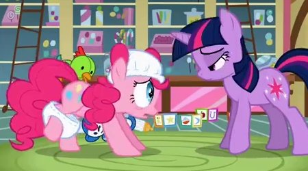 pinkie pie, looking bashfully at Twilight Sparkle, trying to kick one diaper off.